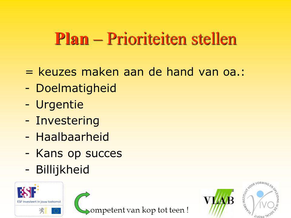 Plan – Prioriteiten stellen = keuzes maken aan de hand van oa.: -Doelmatigheid -Urgentie -Investering -Haalbaarheid -Kans op succes -Billijkheid ompetent van kop tot teen !