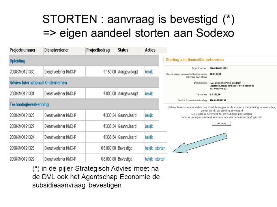 STORTEN : aanvraag is bevestigd (*) => eigen aandeel storten aan Sodexo (*) in de pijler Strategisch Advies moet na de DVL ook het Agentschap Economie de subsidieaanvraag bevestigen