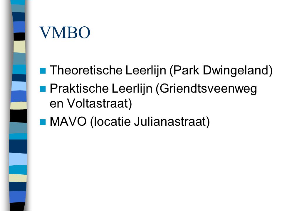 VMBO Theoretische Leerlijn (Park Dwingeland) Praktische Leerlijn (Griendtsveenweg en Voltastraat) MAVO (locatie Julianastraat)