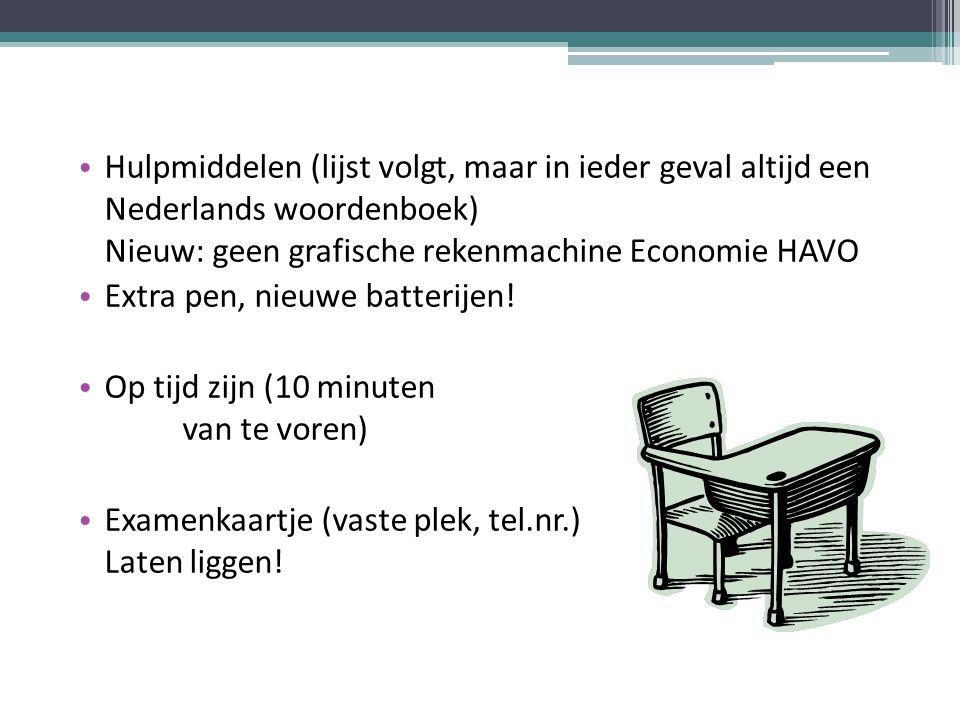 Hulpmiddelen (lijst volgt, maar in ieder geval altijd een Nederlands woordenboek) Nieuw: geen grafische rekenmachine Economie HAVO Extra pen, nieuwe batterijen.