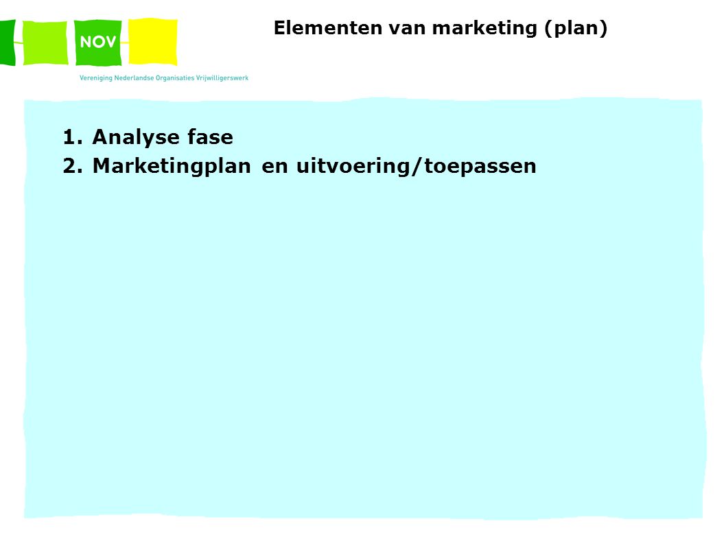 Elementen van marketing (plan) 1.Analyse fase 2.Marketingplan en uitvoering/toepassen