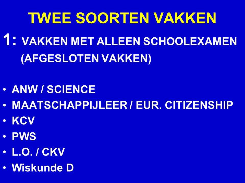 TWEE SOORTEN VAKKEN 1: VAKKEN MET ALLEEN SCHOOLEXAMEN (AFGESLOTEN VAKKEN) ANW / SCIENCE MAATSCHAPPIJLEER / EUR.