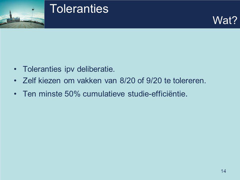 14 Toleranties Toleranties ipv deliberatie. Zelf kiezen om vakken van 8/20 of 9/20 te tolereren.