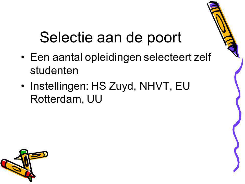 Selectie aan de poort Een aantal opleidingen selecteert zelf studenten Instellingen: HS Zuyd, NHVT, EU Rotterdam, UU