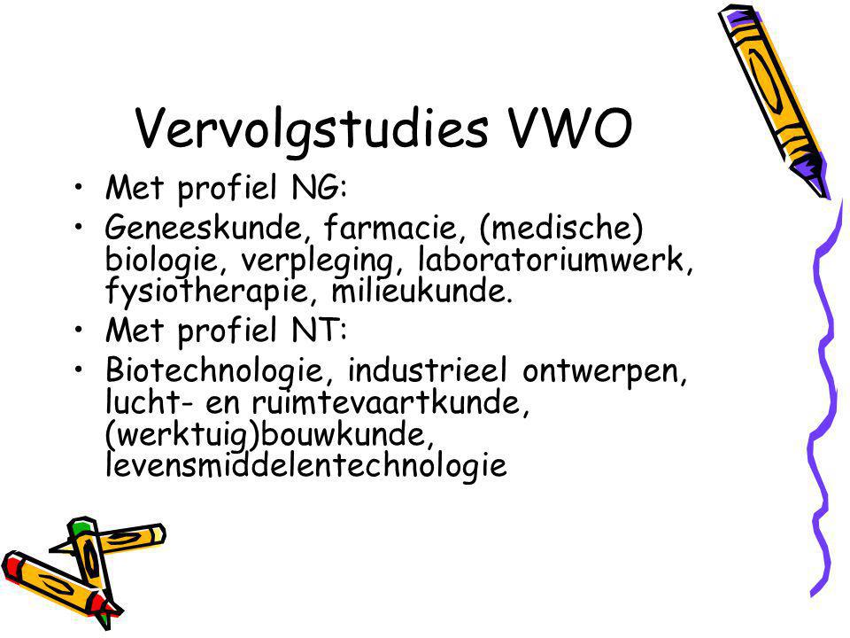 Vervolgstudies VWO Met profiel NG: Geneeskunde, farmacie, (medische) biologie, verpleging, laboratoriumwerk, fysiotherapie, milieukunde.