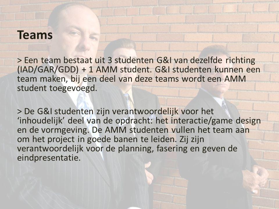Teams > Een team bestaat uit 3 studenten G&I van dezelfde richting (IAD/GAR/GDD) + 1 AMM student.